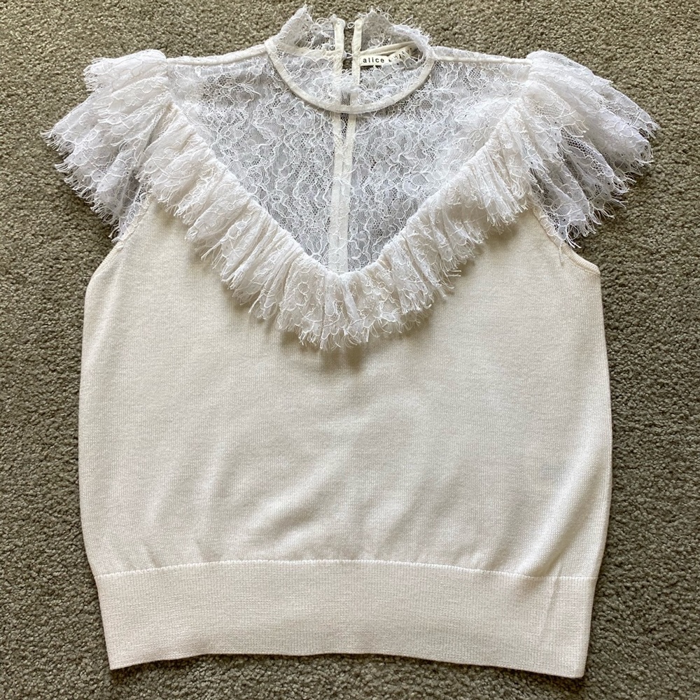 Alice + Olivia Lace Trim Ruffle Collar Neck Top
